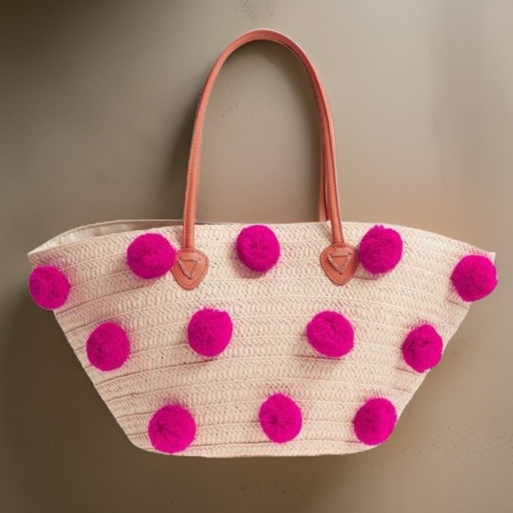 SHIRALEAH • Klo Pom Pom Straw Tote Beach Bohemian Shopper Bag - Picture 7 of 8